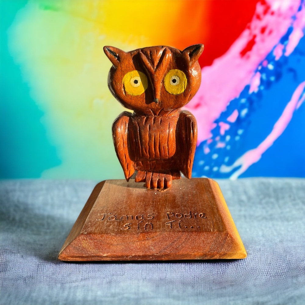 Columbian Hand Carved And Signed  5” Wooden Owl with Big Yellow Eyes ‘09